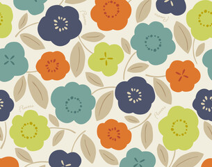 北欧風　かわいい　レトロな花柄　暖色　シームレスのテキスタイルデザイン素材　Flower pattern