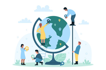 Global navigation, expansion strategy with tiny people. Cartoon persons holding pin points to mark places for international travel, way to landmark on globe flat vector illustration. Tourism concept - obrazy, fototapety, plakaty