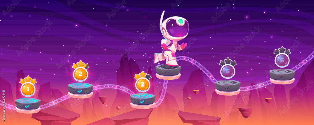 Poster level map for cosmic game with little astronaut run on flying platforms with numbers of stages. futu