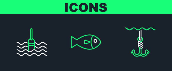 Set line Fishing hook under water, float and icon. Vector