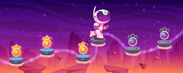 Level map for cosmic game with little astronaut run on flying platforms with numbers of stages. Futuristic alien planet landscape and cute spaceman, vector cartoon illustration
