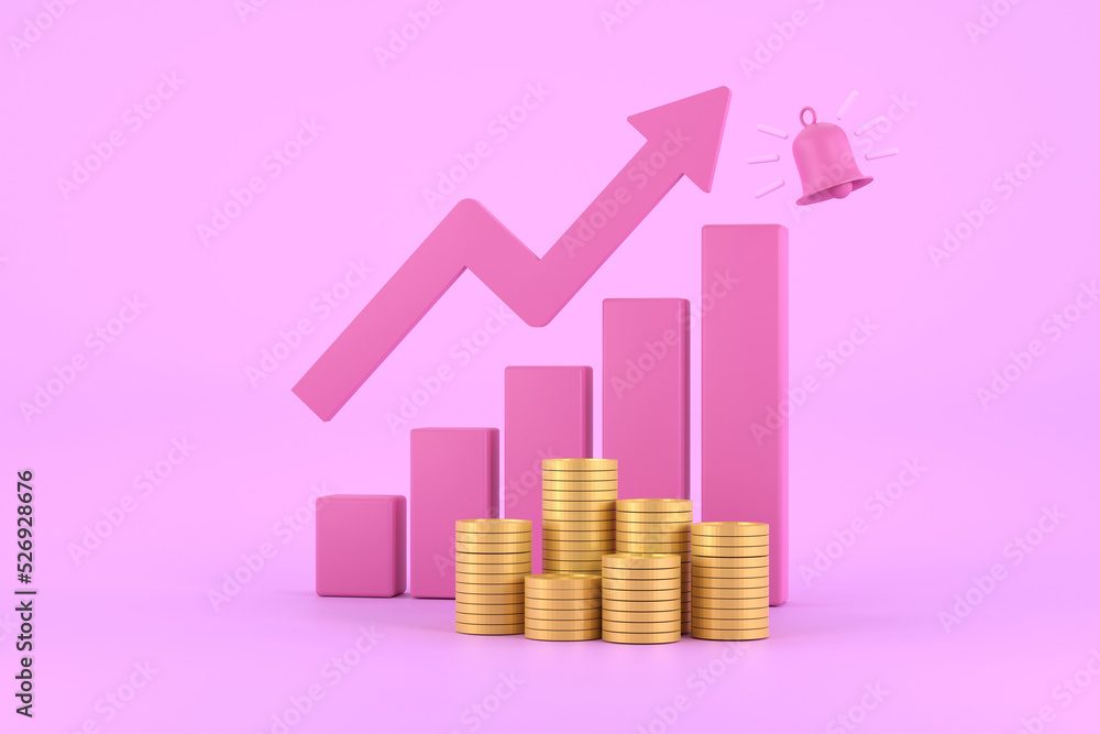 Poster pink rising arrow and profit bar graph with multiple arrangements of coins.