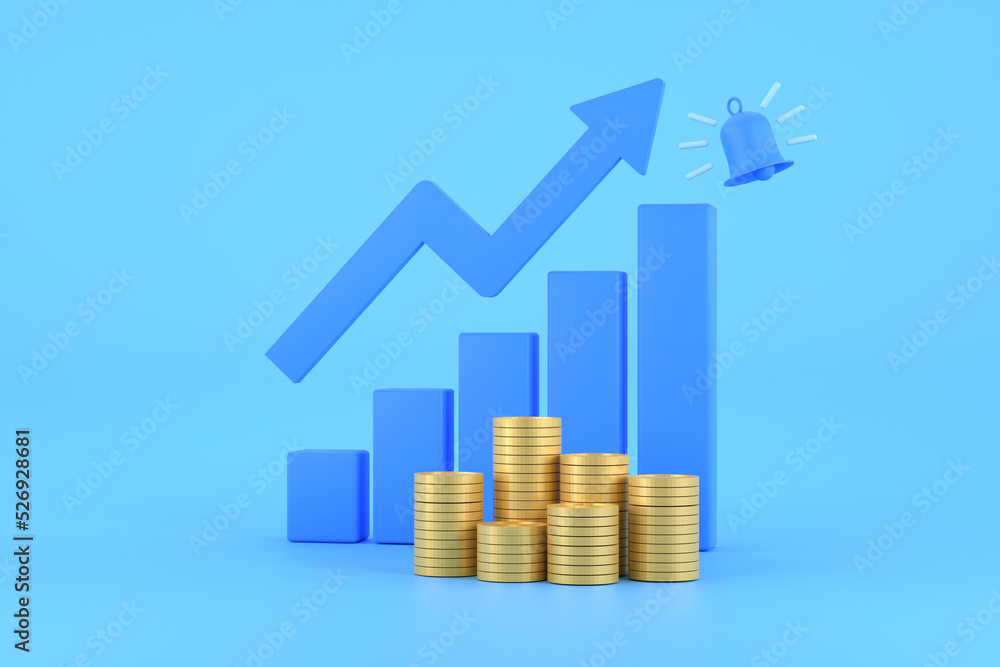 Poster blue rising arrow and profit bar graph with multiple arrangements of coins.
