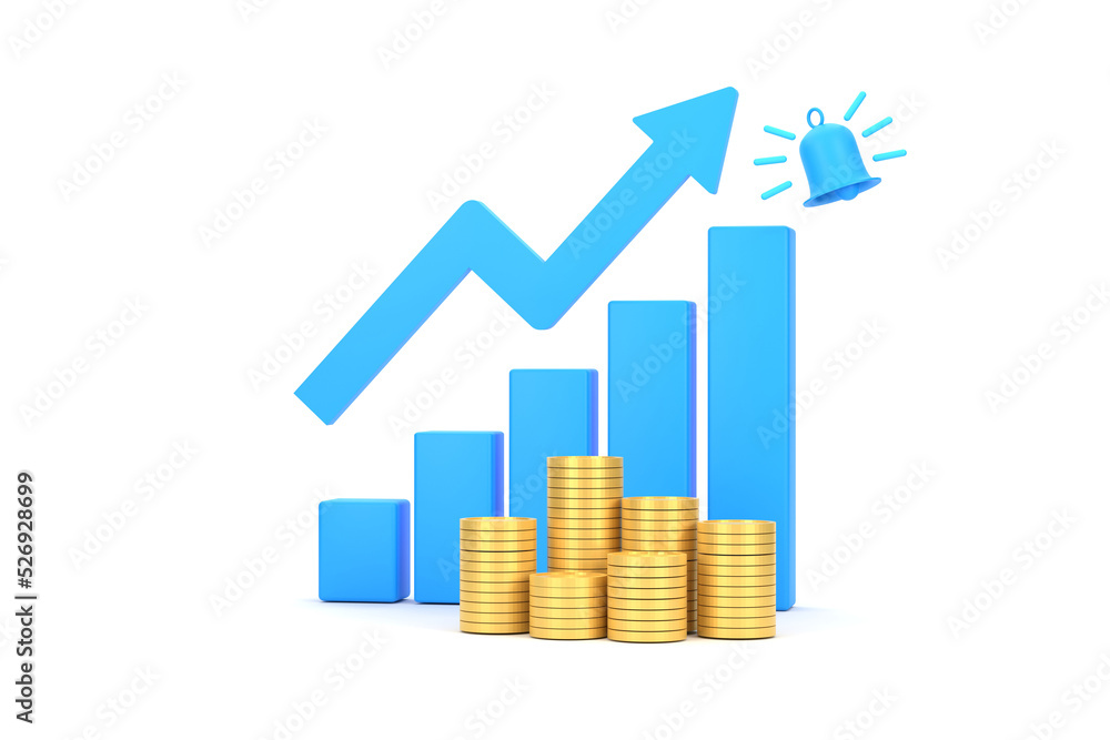 Poster blue rising arrow and profit bar graph with multiple arrangements of coins.