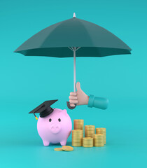 Cartoon hand holding green umbrella to protect piggy bank and money. education plan concept.