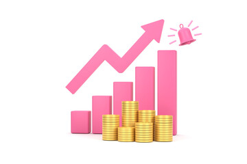pink rising arrow and profit bar graph with multiple arrangements of coins.