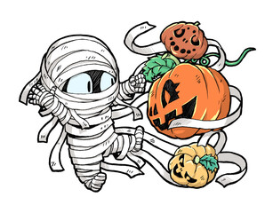 ミイラ男と３つのかぼちゃのハロウィーン用カラーイラスト