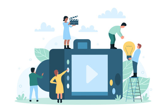 Backstage studio process with camera and tiny people. Cartoon staff making movie, photo and video, holding clapperboard and light bulb flat vector illustration. Photography, cinematography concept