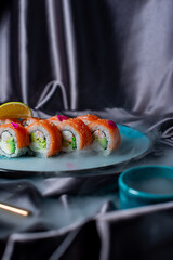 sushi rolls on the blue plate