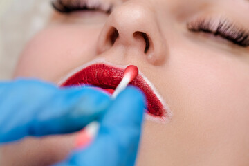 Closeup of Young Caucasian Woman Face And Lips During a Process of Permanent Lips Makeup in Tattoo...