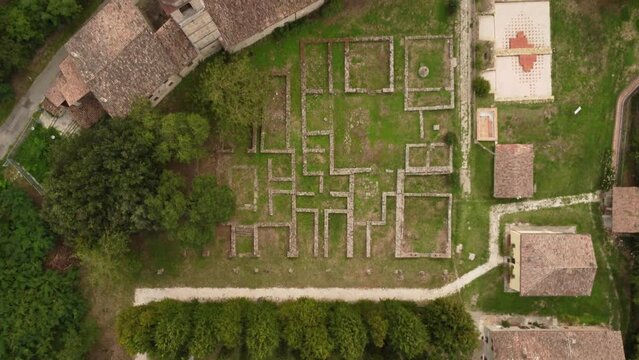 drone flight 4k video over roman ruins in Veleja Romana, Piacenza, Italy