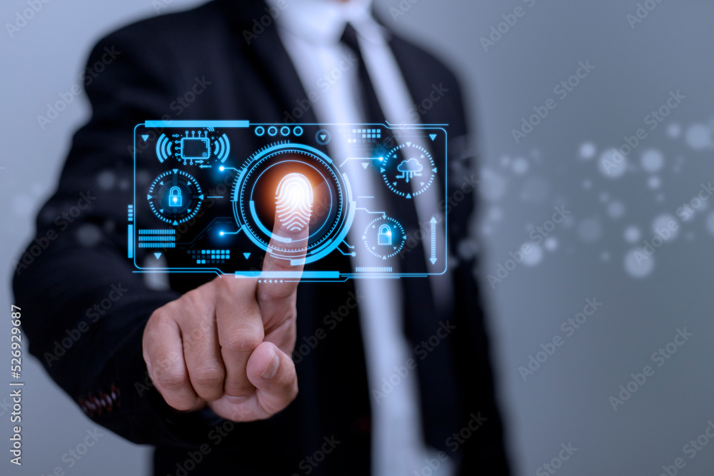 Poster technology fingerprint scan provides security. digital transformation change management,new technolo