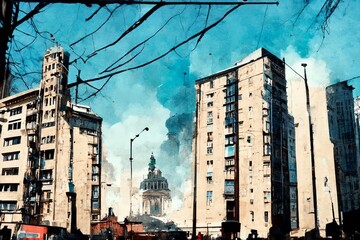 CG illustration depicting a town destroyed by war.