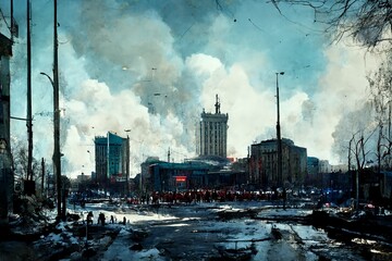 CG illustration depicting a town destroyed by war.