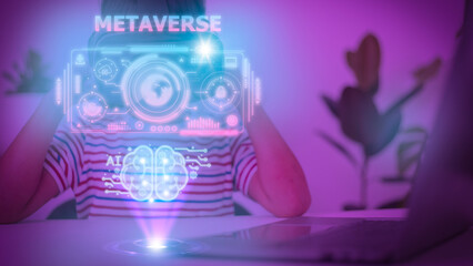 Happy little girl wearing virtual reality glasses while playing in the metaverse