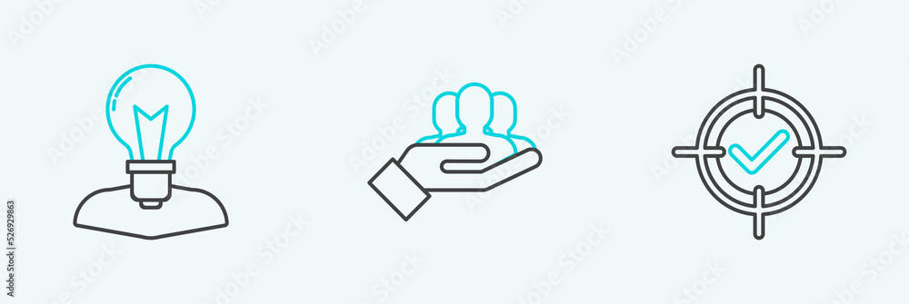 Poster set line target and check mark, human head with lamp bulb and project team base icon. vector