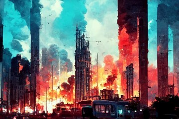 Fototapeta premium Illustration of a city burning in a large fire.