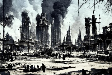 CG illustration of a city destroyed by war.