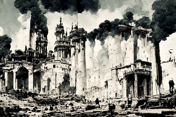 Illustration of a medieval castle being burned by war.