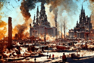 CG illustration depicting a town destroyed by war.