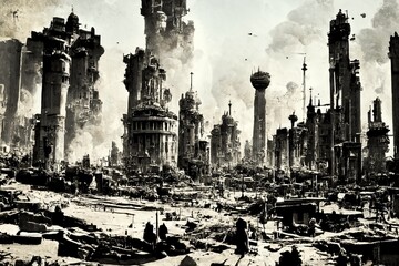 CG-illustration of a town destroyed by war.