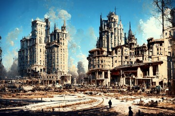 CG-illustration depicting a town destroyed by war.