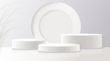 Realistic 3d cylinder white pedestal podium with white background. Pastel minimal scene. Stage for showcase, Product display