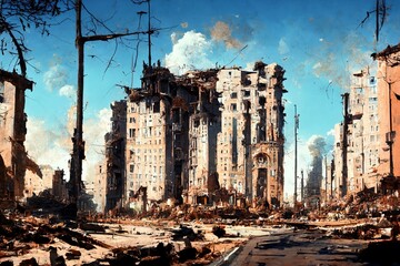 CG illustration depicting a town destroyed by war.