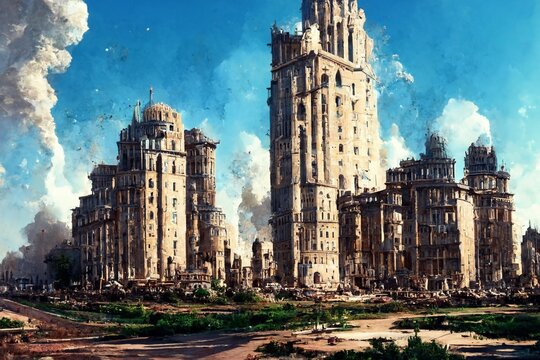 CG illustration depicting a town destroyed by war.