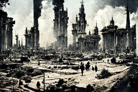 CG illustration depicting a town destroyed by war.