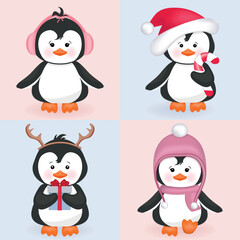 A set of cute penguins. Cute, winter, festive vector illustration for postcards, covers, posters, invitations, packaging