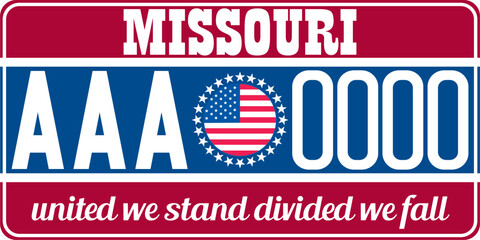 Vehicle license plates marking in Missouri in United States of America, Car plates. Vehicle license numbers of different American states. Vintage print for tee shirt graphics,sticker and poster