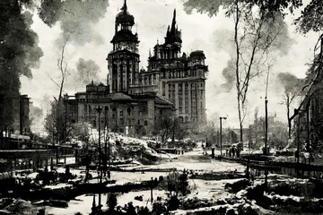 CG illustration depicting a town destroyed by war.