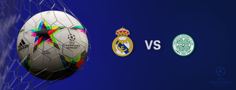 Guilherand-Granges, France - August 30, 2022. UEFA Champions League. Soccer ball in net with official logo of the Champions League. Match : Real Madrid FC VS Celtic FC. 3D rendering.