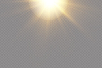 light effect. Golden bright star, yellow sun. Starlight. Bright flash.