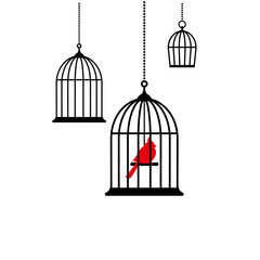 Locked cages with red bird icon. Trap, imprisonment, jail concept.
