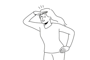 Smiling woman looking in bright future waiting for perspectives. Happy businesswoman excited about new career opportunities and possibilities. Vector illustrations. 