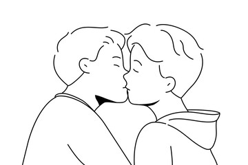 Gay couple kissing showing love and affection. Homosexual men demonstrate relationships. LGBT community, freedom of rights. Vector illustration. 