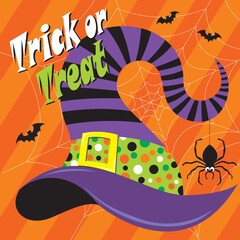 happy halloween card with wicth hat and spider