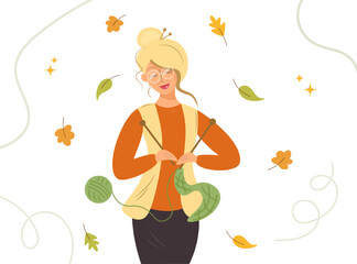Girl knit. Knitting clothes. A lovely lady knits warm things for the winter in autumn. Cozy autumn template with young woman on autumn leaves background, vector illustration in cartoon flat style.