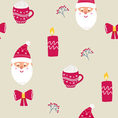Seamless Christmas pattern with cartoon Santa Claus. Wrapping paper design. Perfect for holiday invitations, winter greeting cards, wallpaper and gift paper
