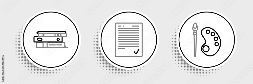 Poster set line paint brush with palette, office folders papers and documents and exam sheet check mark ico