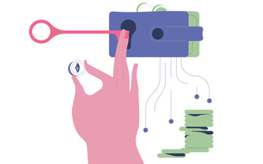 Cryptocurrency NFT media transfer to money concept by blockchain technology, Futuristic background. 