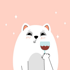 Cute cat and glass of wine, cat holding wine, cat and glass, vector illustration of cute cat, ready-made banner with cat, glass of red wine