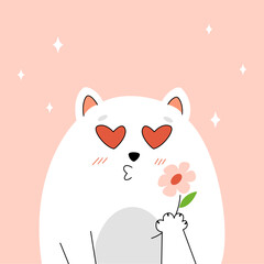 Cute cat looks in love, cat love, cat gives flowers, cute cat vector illustration, ready-made banner with cat
