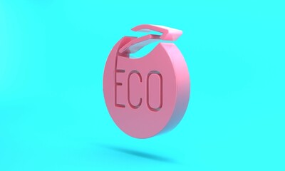 Pink Banner, label, tag, logo for eco green healthy food icon isolated on turquoise blue background. Organic product. Healthy food sticker. Minimalism concept. 3D render illustration
