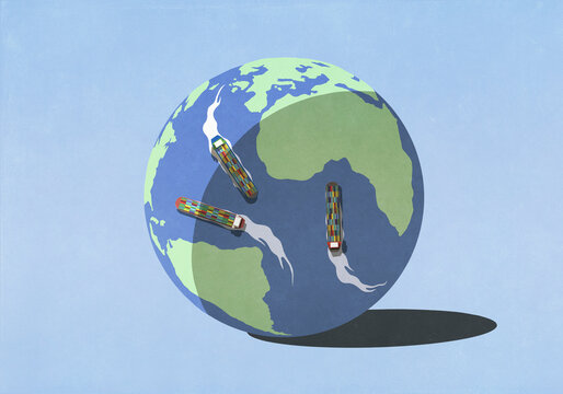 Container ships traveling on globe
