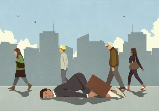Exhausted businessman sleeping on city sidewalk
