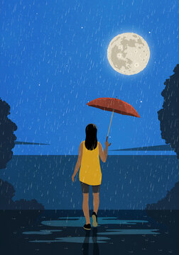 Woman with umbrella standing in rain at lake with view of full moon
