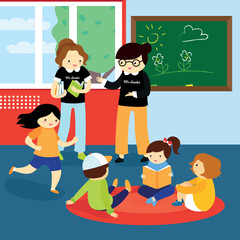 Teachers conduct a lesson in kindergarten